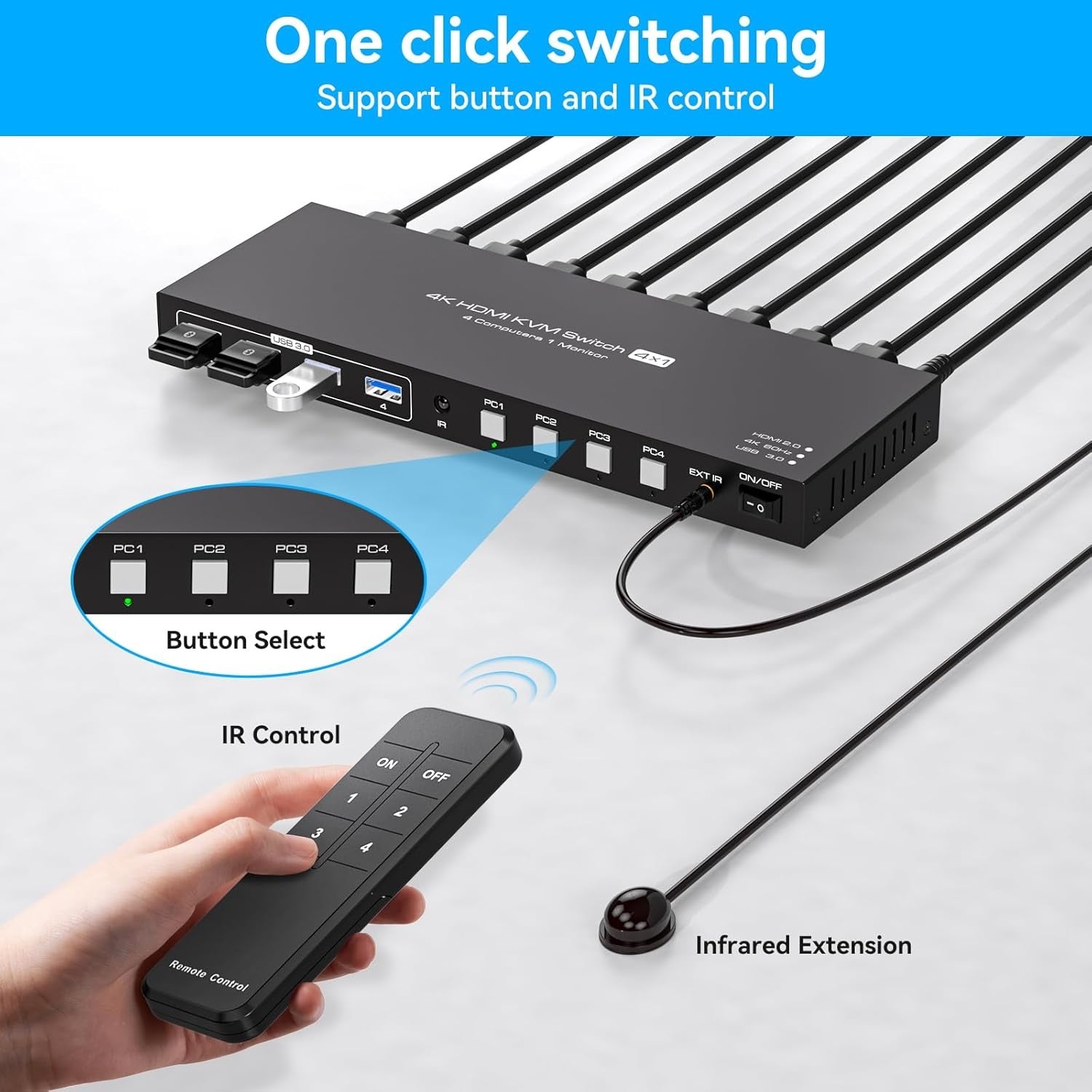 NÖRDIC HDMI 2.0 KVM-kytkin 4–1 EDID 4K60Hz, 4xUSB 3.0, 4 tietokonetta yhdelle näytölle + 4xUSB 3.0 -laitetta, kaukosäätimellä