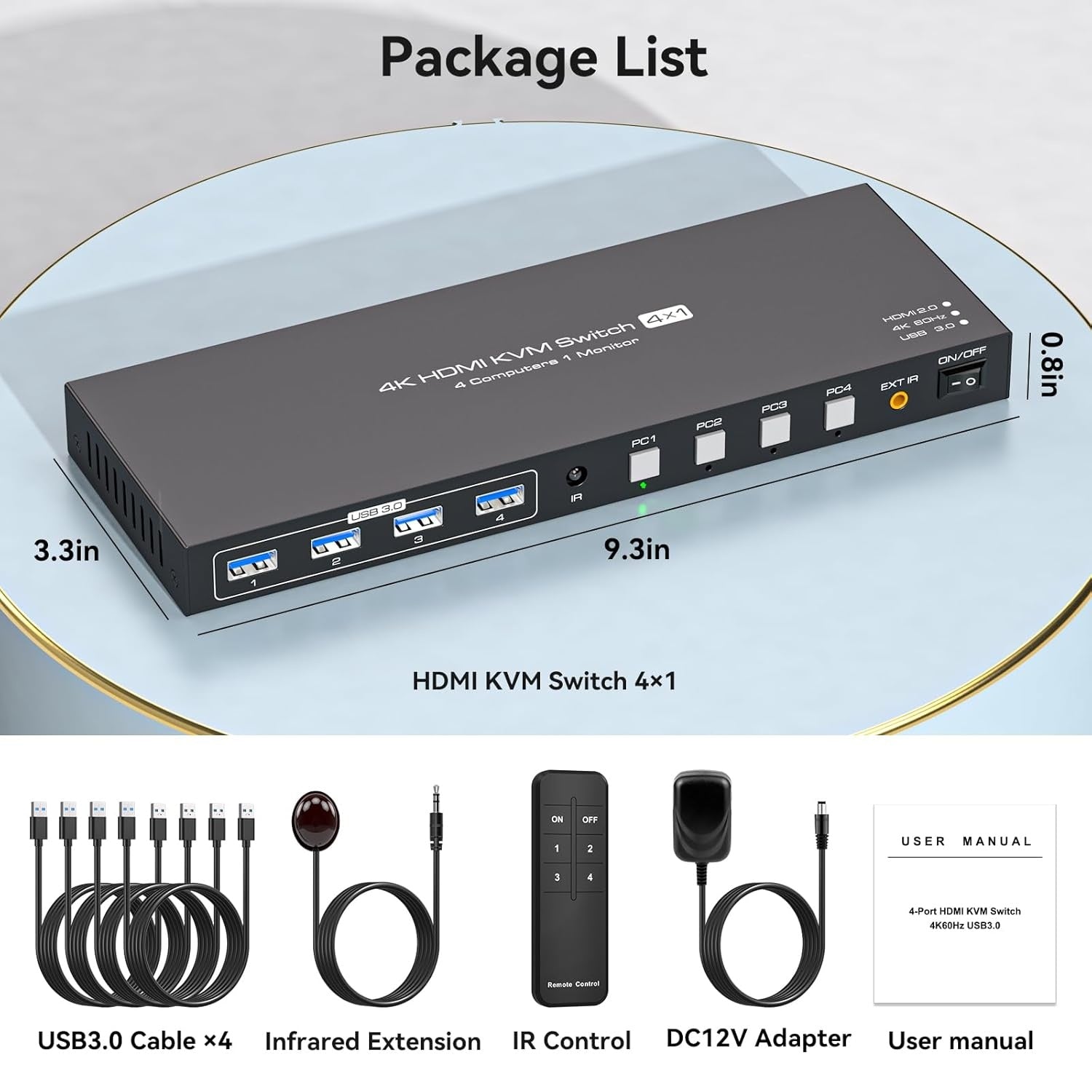 NÖRDIC HDMI 2.0 KVM-kytkin 4–1 EDID 4K60Hz, 4xUSB 3.0, 4 tietokonetta yhdelle näytölle + 4xUSB 3.0 -laitetta, kaukosäätimellä