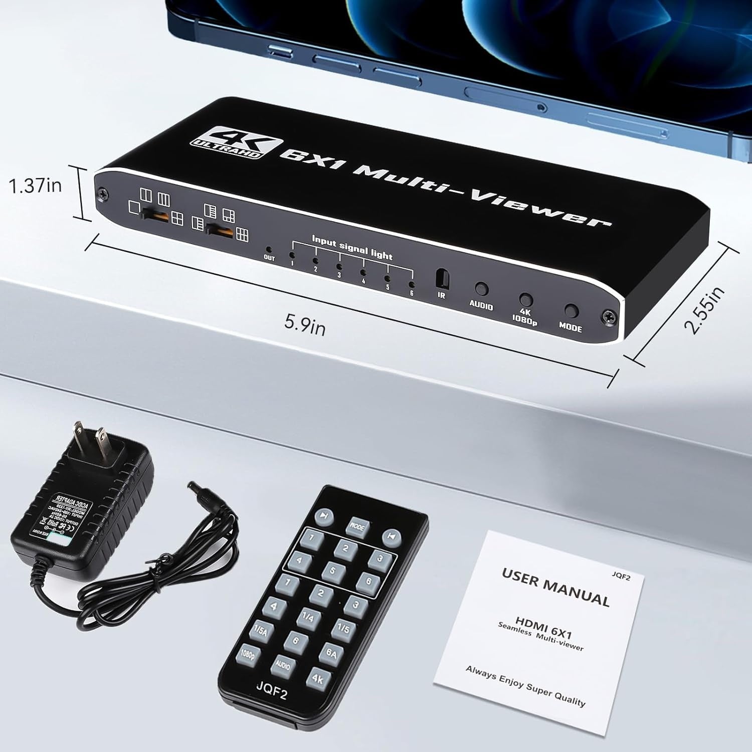 NÖRDIC HDMI Multi-Viewer 6 in 1 Out Saumaton Switcher 1080P HDMI HUB-kytkin useille tuloille, jakaja useille näytöille