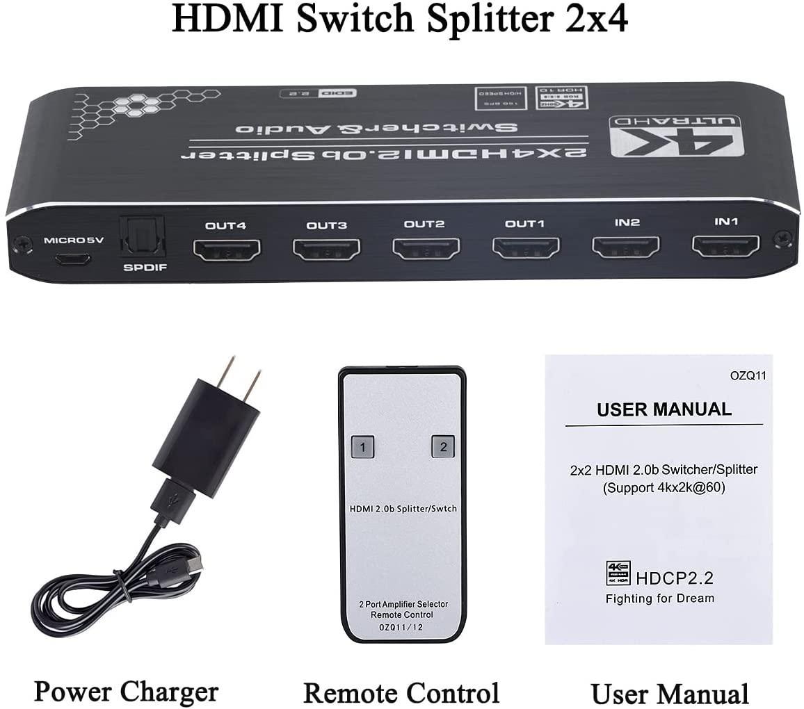 NÖRDIC HDMI Splitter 2-4 äänenpoistolla 4K60Hz HDCP2.2 HDR 3D