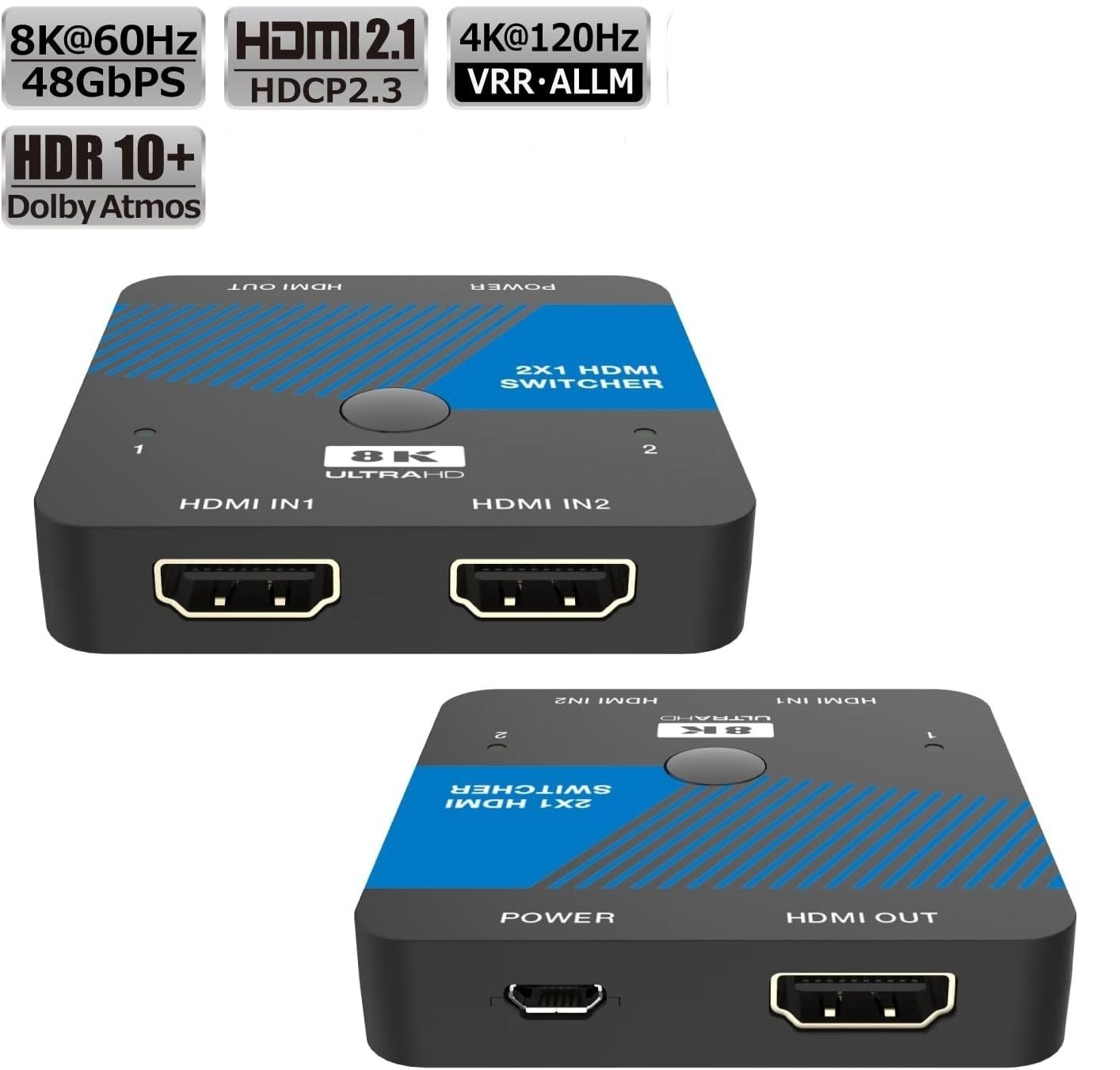 NÖRDIC HDMI 2.1-kytkin 2–1 8K60Hz 4K120Hz CEC HDR Dolby Atmos, True HD, Digital Plus, DTS-HD Master