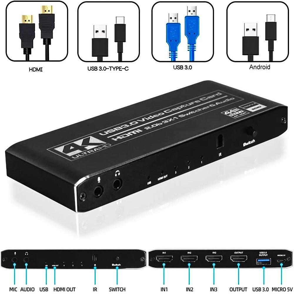 NÖRDIC HDMI Switch 3 to 1 videokaappauskortilla HDMI2.0 4K60Hz USB3.1 mikrofoni ja äänilähtö HDMI signaalisilmukkalähtö HDR HDCP2.2 EDID RGB8: 8:8