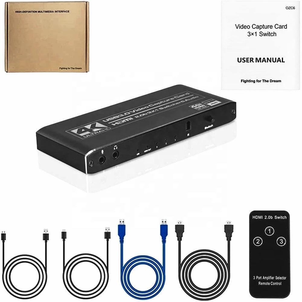 NÖRDIC HDMI Switch 3 to 1 videokaappauskortilla HDMI2.0 4K60Hz USB3.1 mikrofoni ja äänilähtö HDMI signaalisilmukkalähtö HDR HDCP2.2 EDID RGB8: 8:8