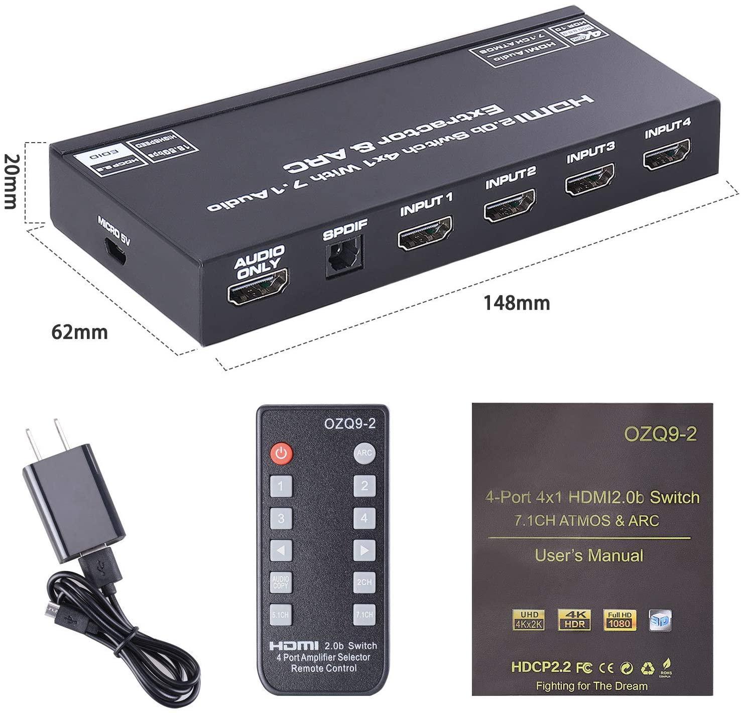 NÖRDIC HDMI Switch 4 to 1 7.1-äänenpoistimella ARC SPDIF stereo 3,5mm audio 4K60hz HDCP2.2 3D HDR10 18Gbps