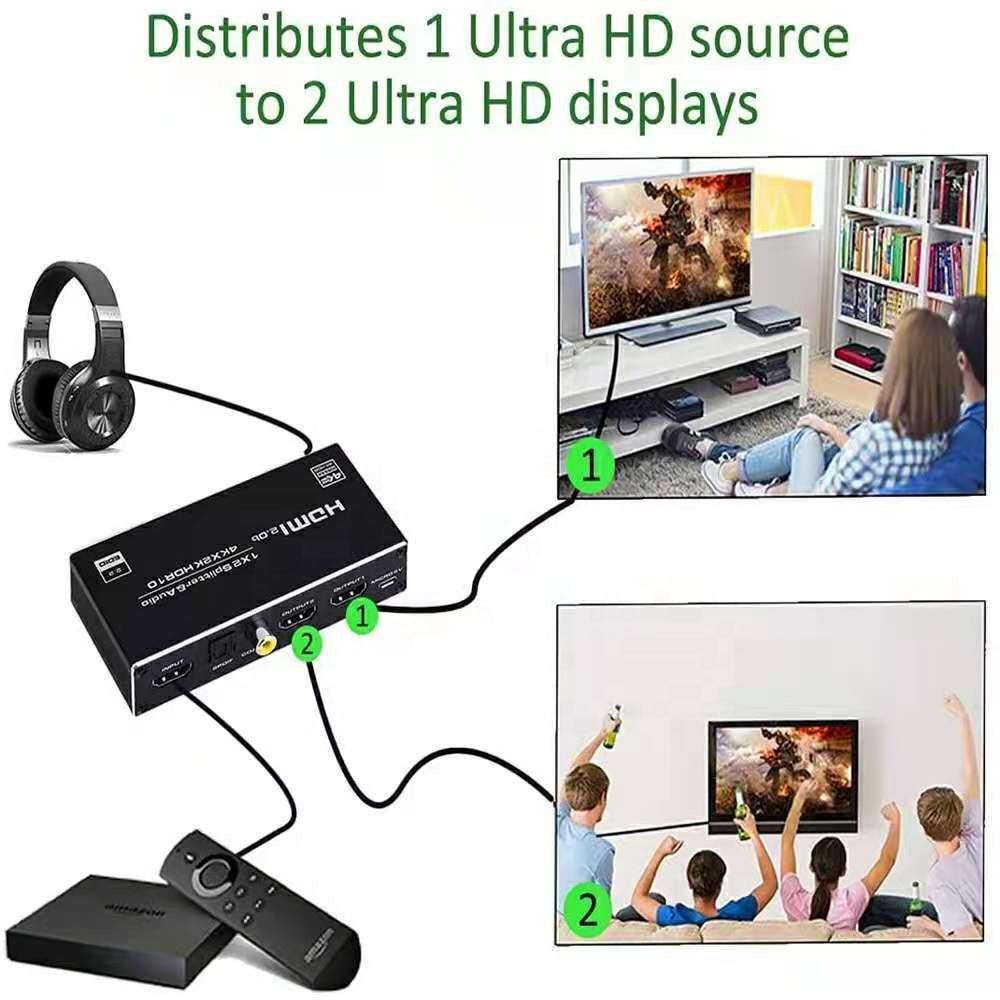 NÖRDIC HDMI-jakaja 1-2 ja äänenpoisto 4K60Hz HDCP2.3 HDR10 Toslink SPDIF + koaksiaali + 3,5 mm audio