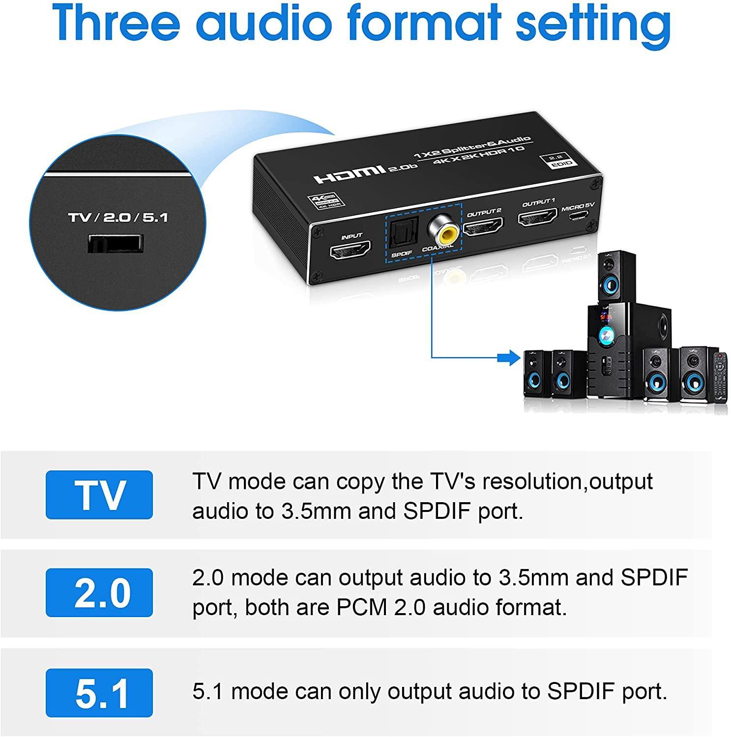 NÖRDIC HDMI-jakaja 1-2 ja äänenpoisto 4K60Hz HDCP2.3 HDR10 Toslink SPDIF + koaksiaali + 3,5 mm audio