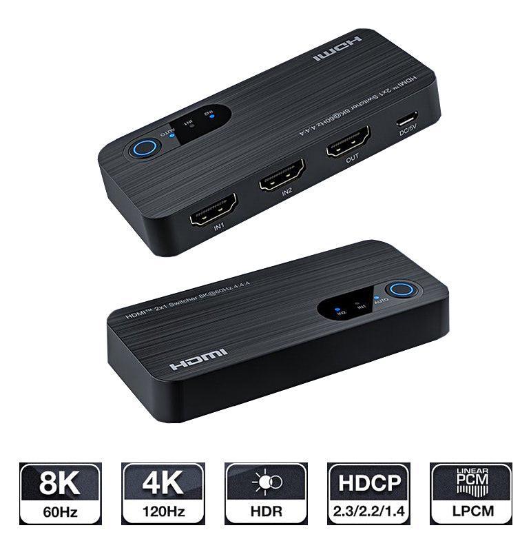 NÖRDIC HDMI-kytkin 2 - 1 8K60Hz 4K120Hz 48Gbps HDR HDCP2.3 Surround 7.1 CEC