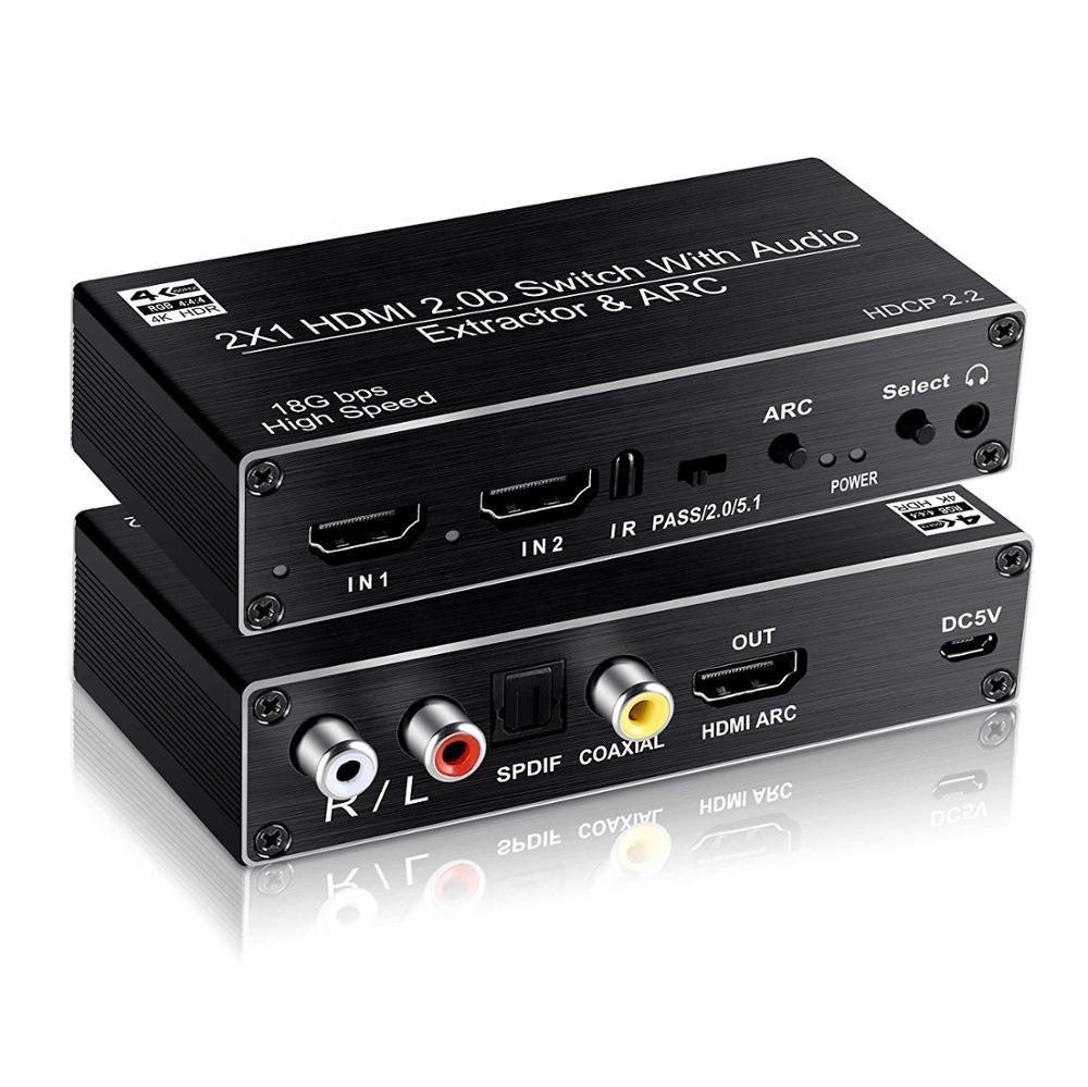 NÖRDIC HDMI kytkin 2–1 äänenerottimella ja ARC 4K 60 Hz:lla, SPDIF koaksiaalinen RCA L/R ja stereo