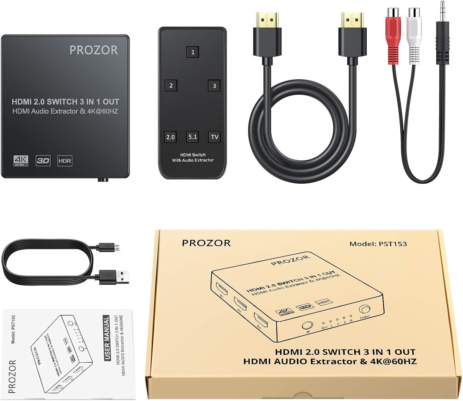 NÖRDIC HDMI-kytkin 3 - 1 4K30Hz 3D PIP äänenpoistolla 1xOptinen toslink 1x stereo 3,5mm