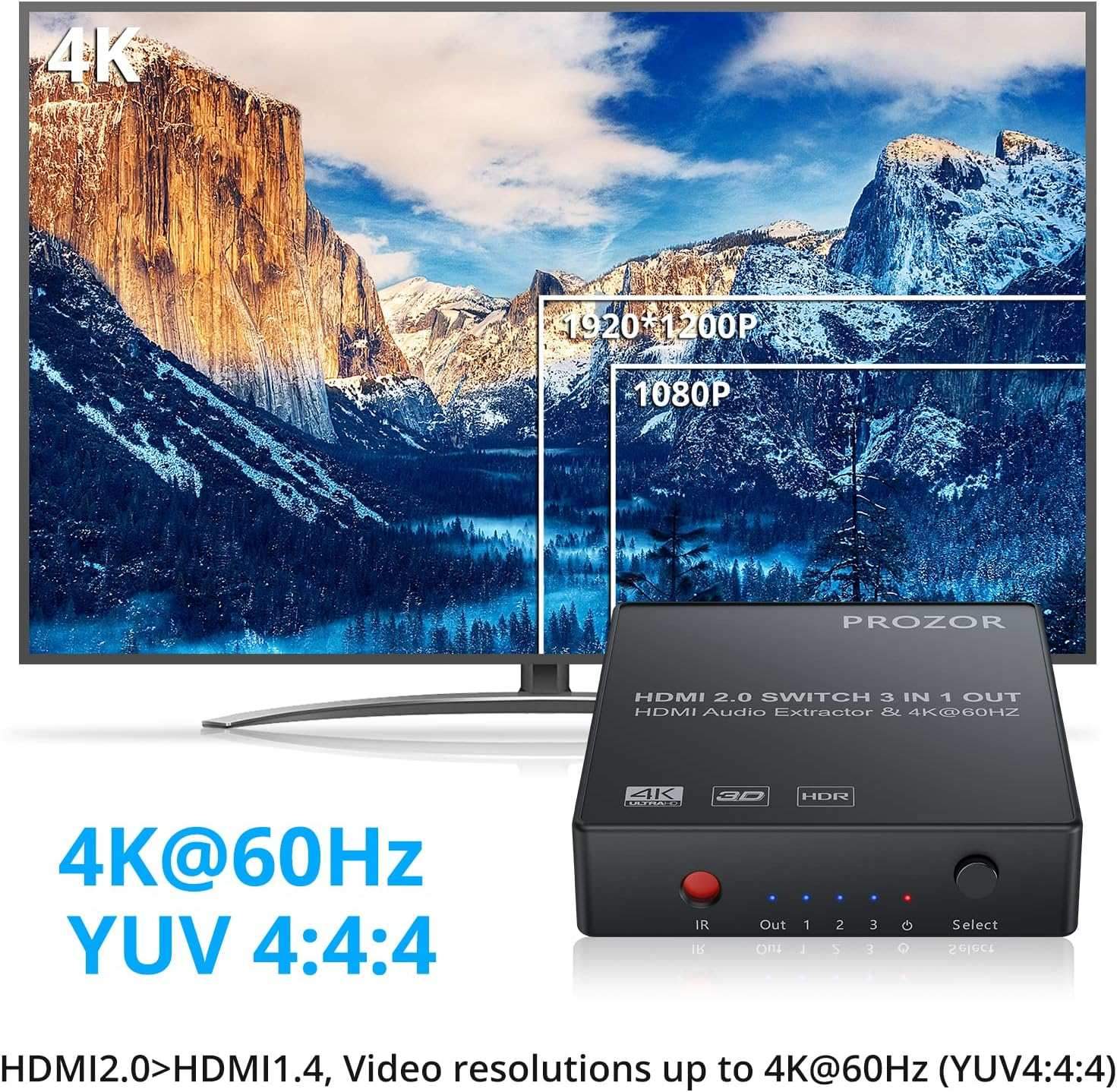 NÖRDIC HDMI-kytkin 3 - 1 4K30Hz 3D PIP äänenpoistolla 1xOptinen toslink 1x stereo 3,5mm