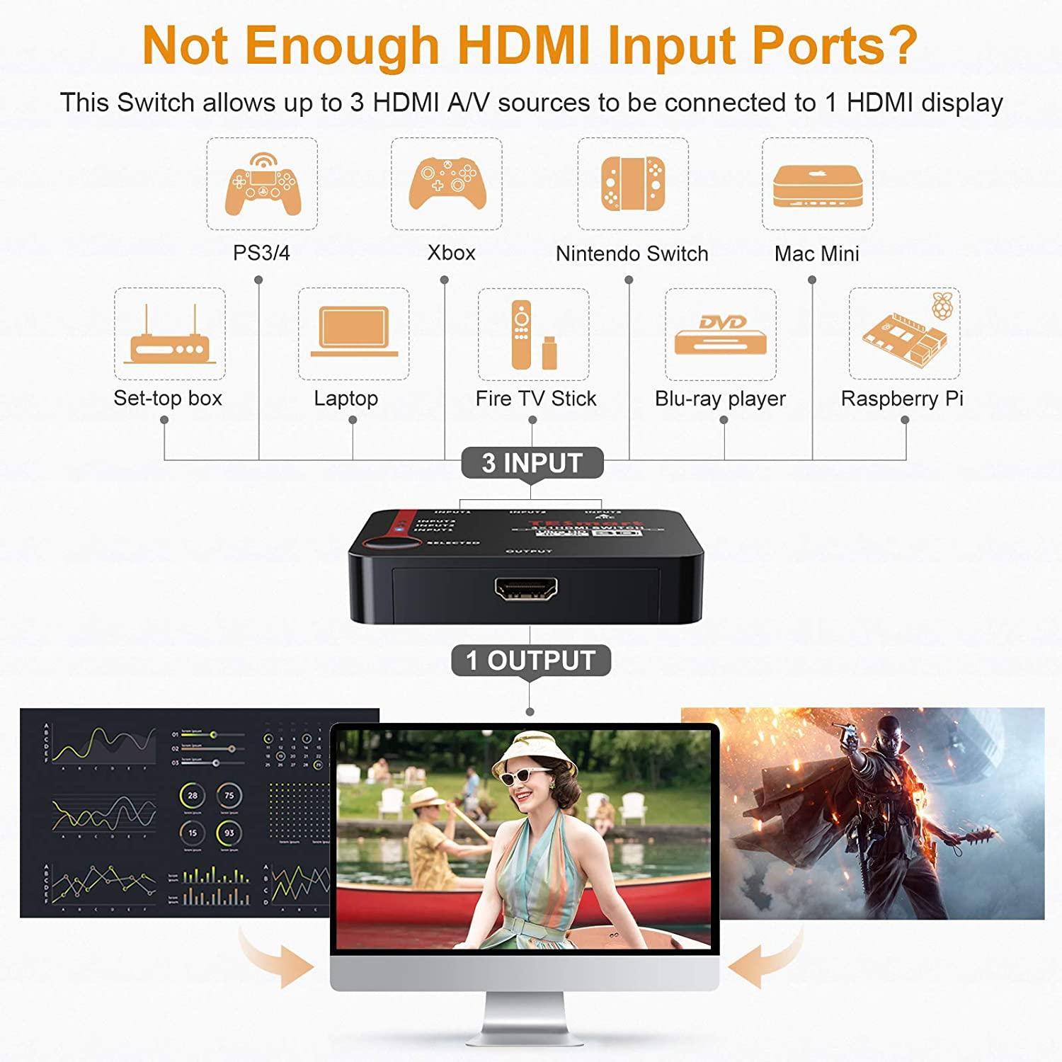 NÖRDIC HDMI-kytkin, 3–1-tuki, 4K 30 Hz, Full HD1080p, 3D ARC, 10,2 Gb/s