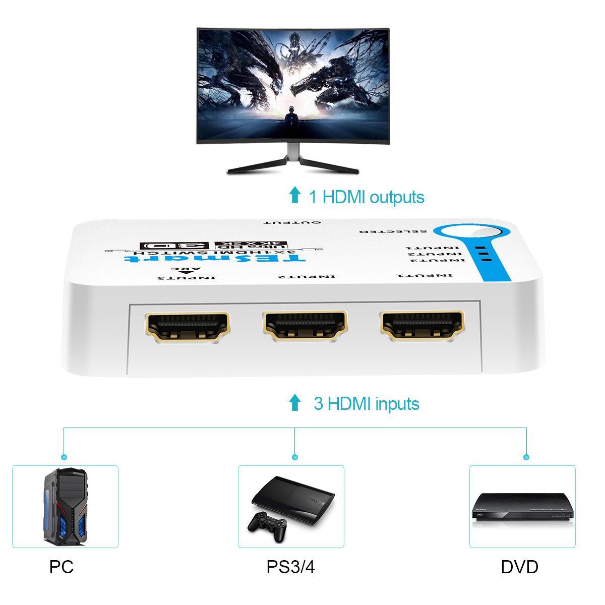 NÖRDIC HDMI-kytkin, 3–1-tuki, 4K 30 Hz, Full HD1080p, 3D ARC, 10,2 Gb/s