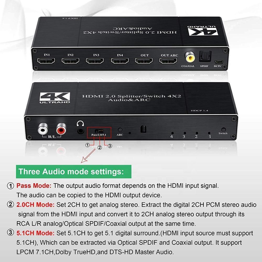 NÖRDIC HDMI-kytkin 4–2, jossa äänenerotin ja ARC, 4Kx2K 60 Hz, HDCP 2.2, 5.1 Surround, metallia