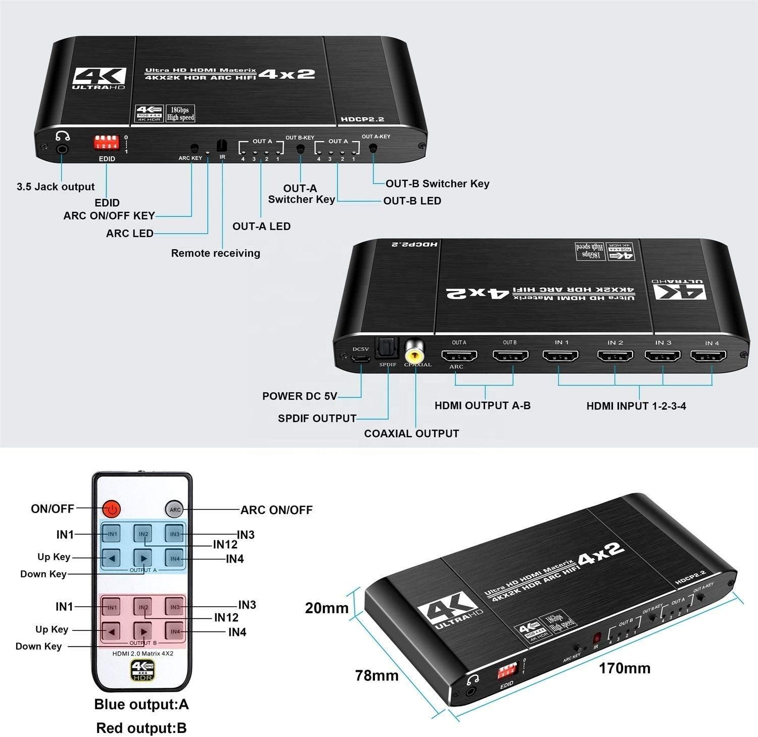 NÖRDIC HDMI-matriisikytkin 4–2, jossa äänenerotin ja ARC, 4Kx2K 60 Hz, YUV 4:4: 4 18 Gb/s, HDCP 2.2, 5.1 Surround, metallia