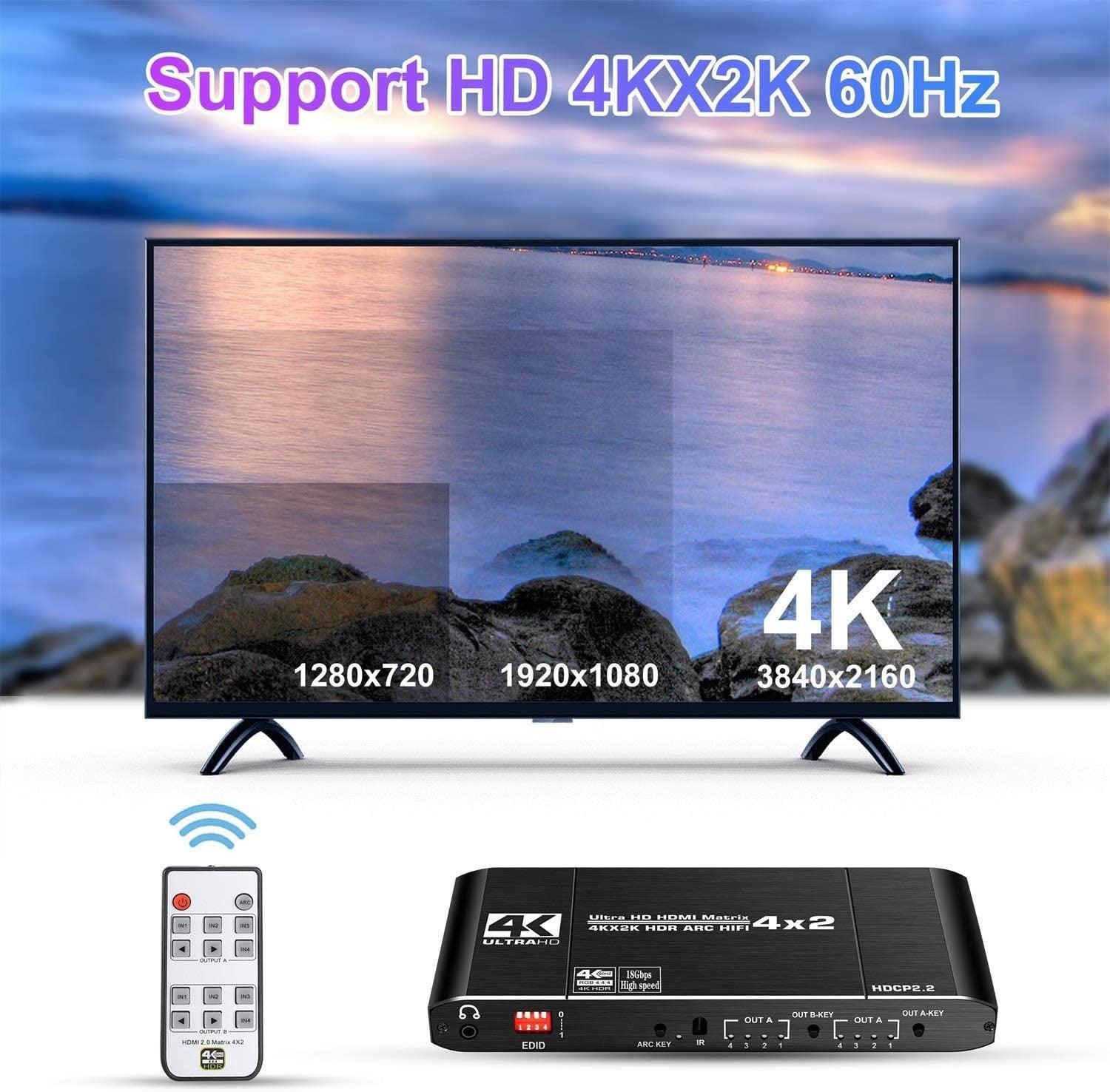 NÖRDIC HDMI-matriisikytkin 4–2, jossa äänenerotin ja ARC, 4Kx2K 60 Hz, YUV 4:4: 4 18 Gb/s, HDCP 2.2, 5.1 Surround, metallia