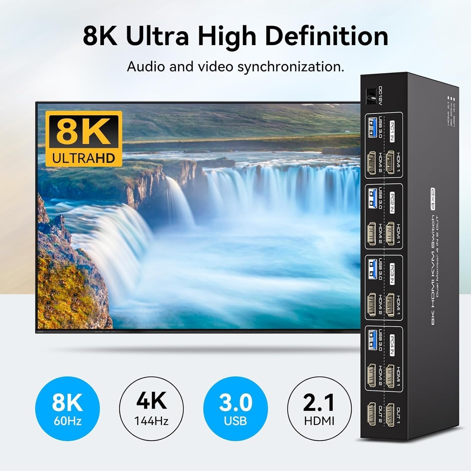 NÖRDIC KVM 4x2 HDMI 2.1-kytkin 4PC kahdelle näytölle HDMI 8K60Hz, 1x3.5 mm ja 4xUSB-A