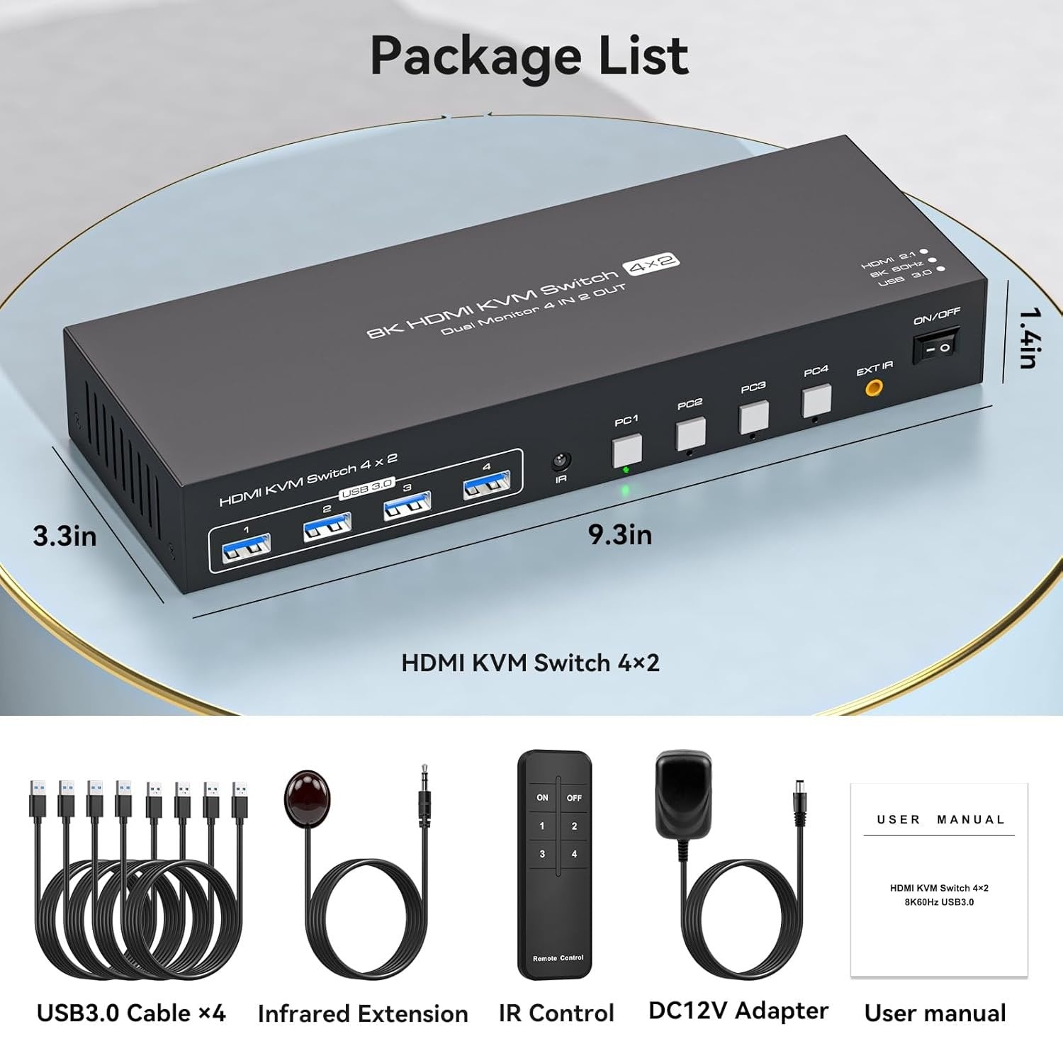 NÖRDIC KVM 4x2 HDMI 2.1-kytkin 4PC kahdelle näytölle HDMI 8K60Hz, 1x3.5 mm ja 4xUSB-A