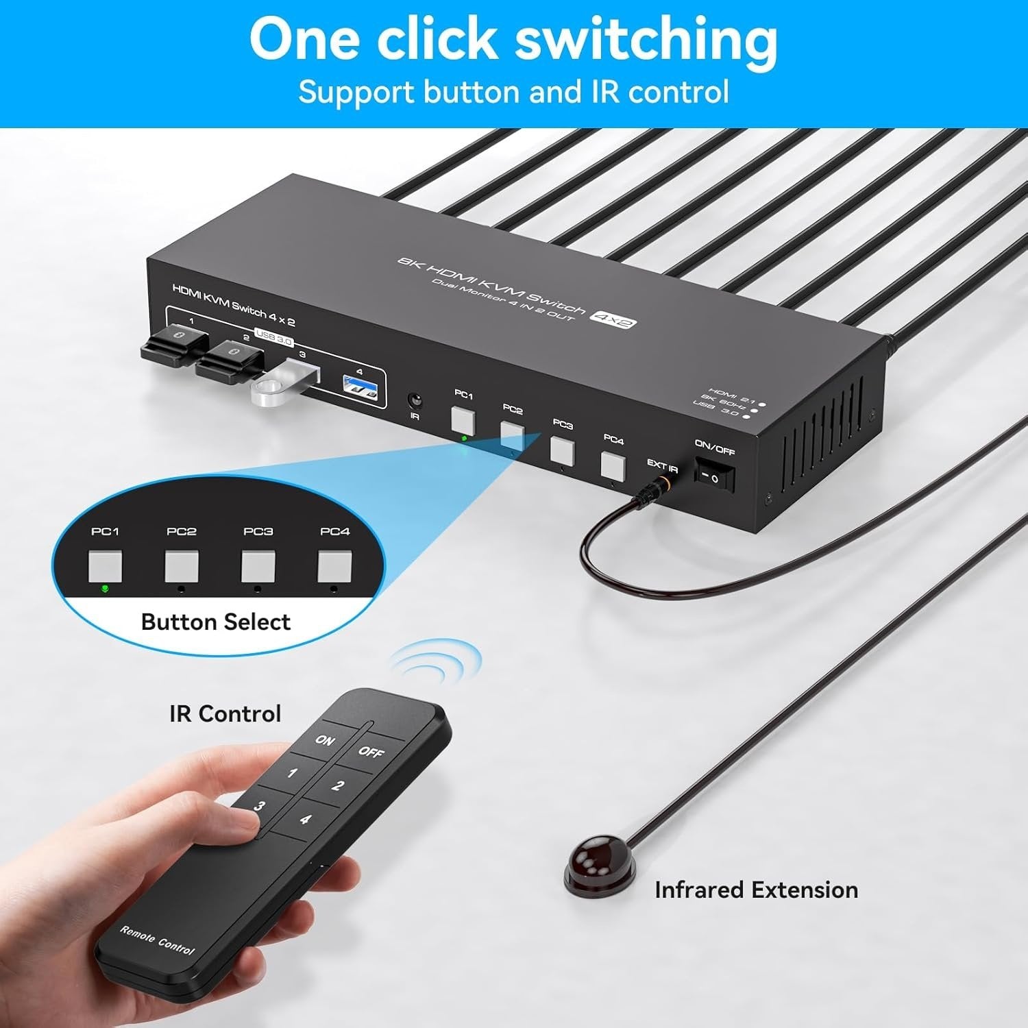 NÖRDIC KVM 4x2 HDMI 2.1-kytkin 4PC kahdelle näytölle HDMI 8K60Hz, 1x3.5 mm ja 4xUSB-A