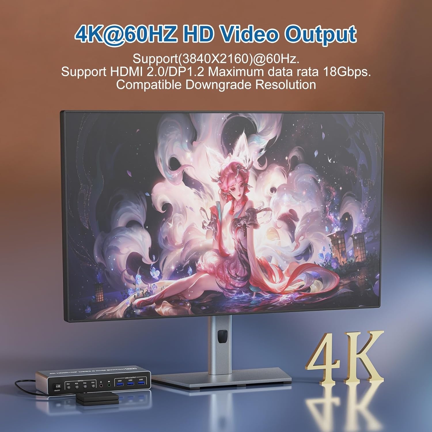 NÖRDIC KVM 4x2 -kytkin 4 tietokoneesta kahteen näyttöön, HDMI ja DP, 4K60Hz, 2x3,5 mm ja 3xUSB-A