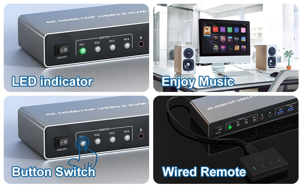 NÖRDIC KVM 4x2 -kytkin 4 tietokoneesta kahteen näyttöön, HDMI ja DP, 4K60Hz, 2x3,5 mm ja 3xUSB-A
