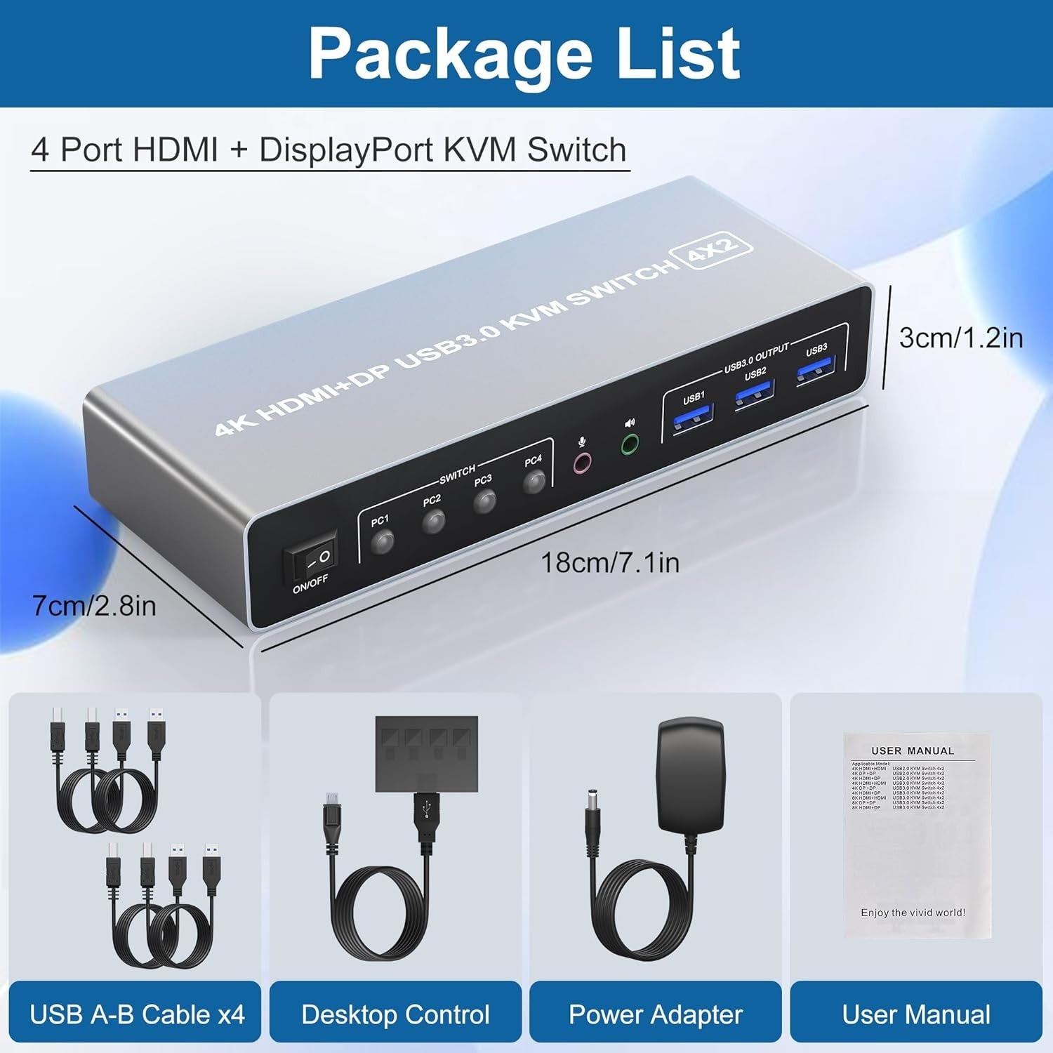 NÖRDIC KVM 4x2 -kytkin 4 tietokoneesta kahteen näyttöön, HDMI ja DP, 4K60Hz, 2x3,5 mm ja 3xUSB-A