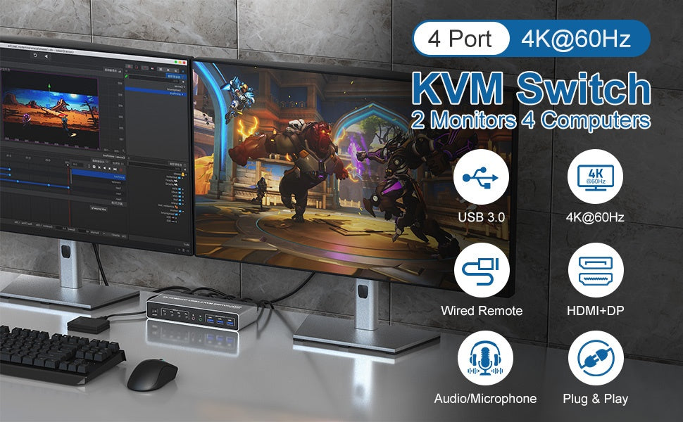 NÖRDIC KVM 4x2 -kytkin 4 tietokoneesta kahteen näyttöön, HDMI ja DP, 4K60Hz, 2x3,5 mm ja 3xUSB-A
