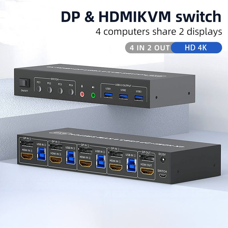 NÖRDIC KVM 4x2 -kytkin 4 tietokoneesta kahteen näyttöön, HDMI ja DP, 4K60Hz, 2x3,5 mm ja 3xUSB-A