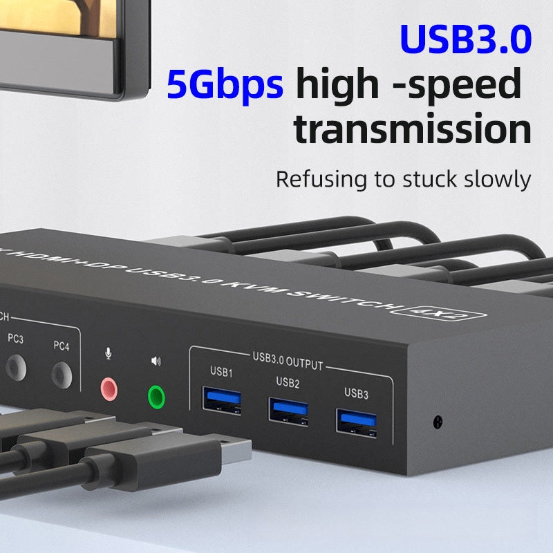 NÖRDIC KVM 4x2 -kytkin 4 tietokoneesta kahteen näyttöön, HDMI ja DP, 4K60Hz, 2x3,5 mm ja 3xUSB-A