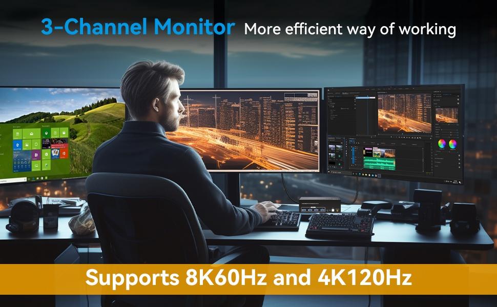NÖRDIC KVM-kytkin 2 PC 3 näyttöä 8K60Hz 4K144Hz Kolmoisnäyttö 2xDP 1xHDMI 4xUSB 3.0 porttia