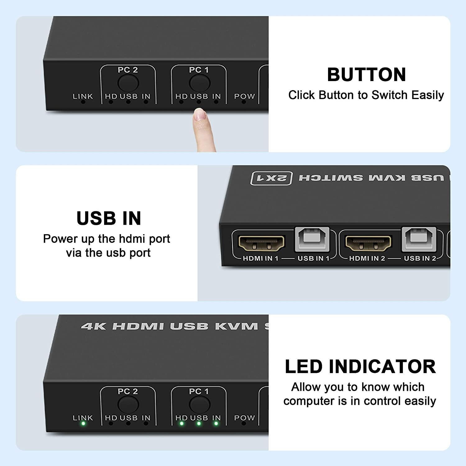 NÖRDIC KVM Switch 2-1 HDMI 2.0 ja 2xUSB Xboxille, PS5:lle, kannettavalle tietokoneelle