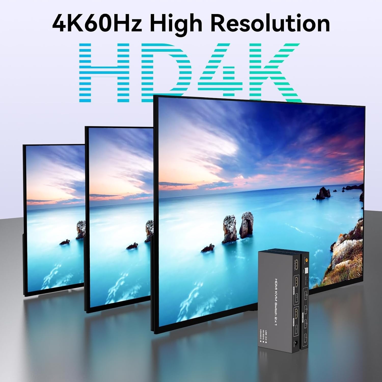 NÖRDIC 2–1 HDMI 2.0 4K60Hz KVM-kytkin PC:lle, Xboxille, PS5:lle ja kannettavalle tietokoneelle, 4×USB 3.0 -porttia