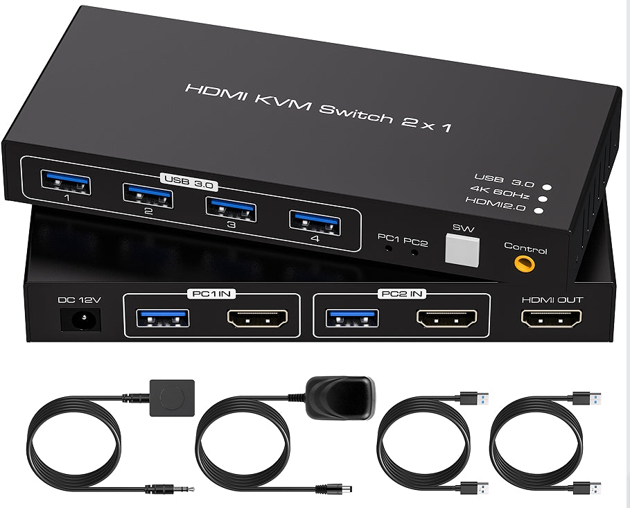 NÖRDIC 2–1 HDMI 2.0 4K60Hz KVM-kytkin PC:lle, Xboxille, PS5:lle ja kannettavalle tietokoneelle, 4×USB 3.0 -porttia
