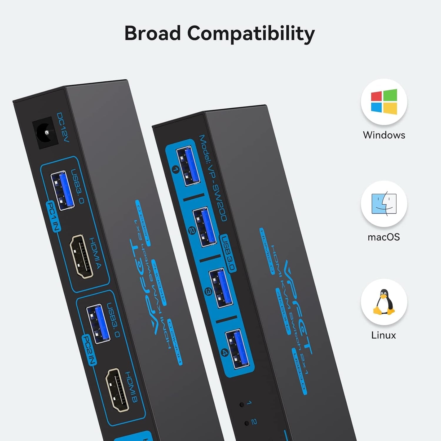 NÖRDIC 2–1 HDMI 2.0 4K60Hz KVM-kytkin PC:lle, Xboxille, PS5:lle ja kannettavalle tietokoneelle, 4×USB 3.0 -porttia
