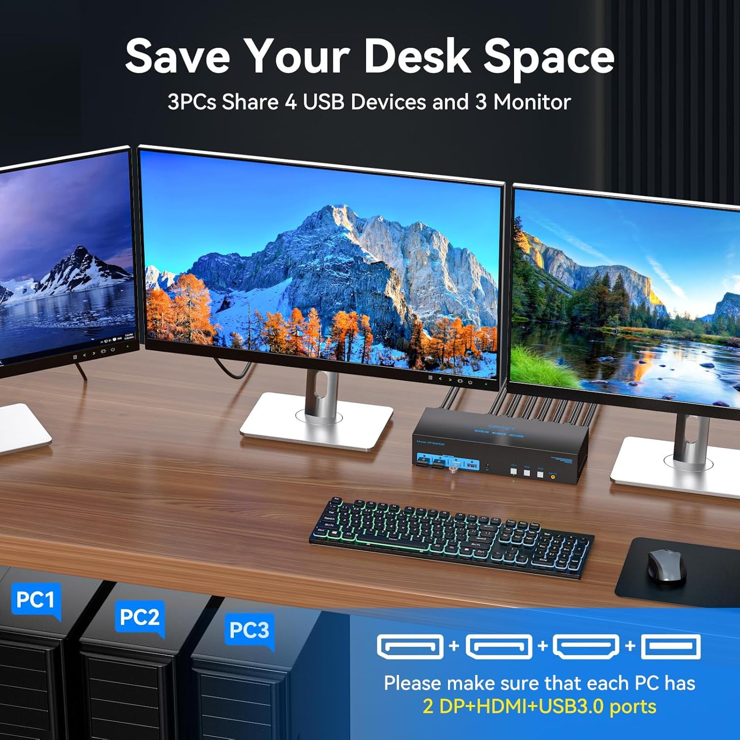 NÖRDIC KVM Switch 3 Computers to3 Monitors 4xUSB3.0 2xDP 1xHDMI 8K30Hz with wireless controller