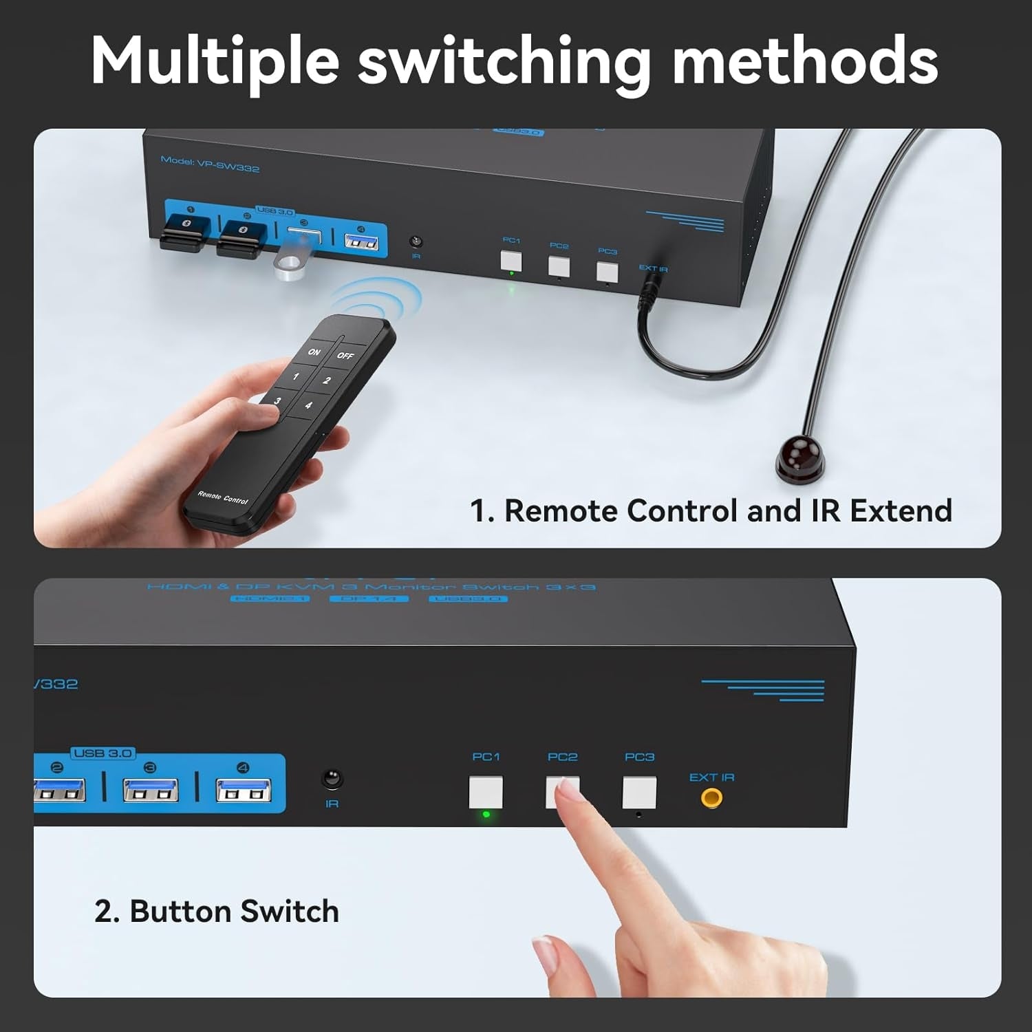 NÖRDIC KVM Switch 3 Computers to3 Monitors 4xUSB3.0 2xDP 1xHDMI 8K30Hz with wireless controller