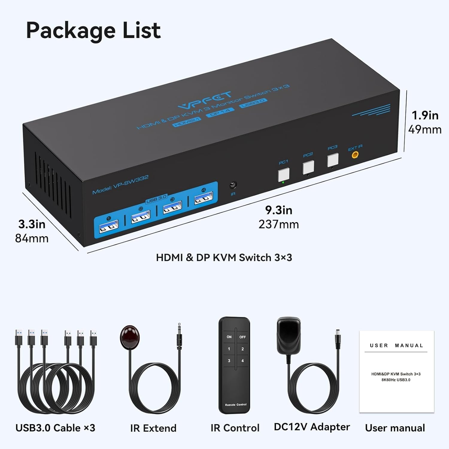 NÖRDIC KVM Switch 3 Computers to3 Monitors 4xUSB3.0 2xDP 1xHDMI 8K30Hz with wireless controller
