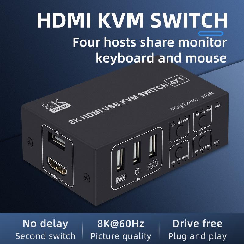 NÖRDIC KVM Switch 4 PC 1xHDMI 8K60Hz ja 4xUSB HDCP 2.2 Xboxille, PS5:lle ja kannettavalle tietokoneelle