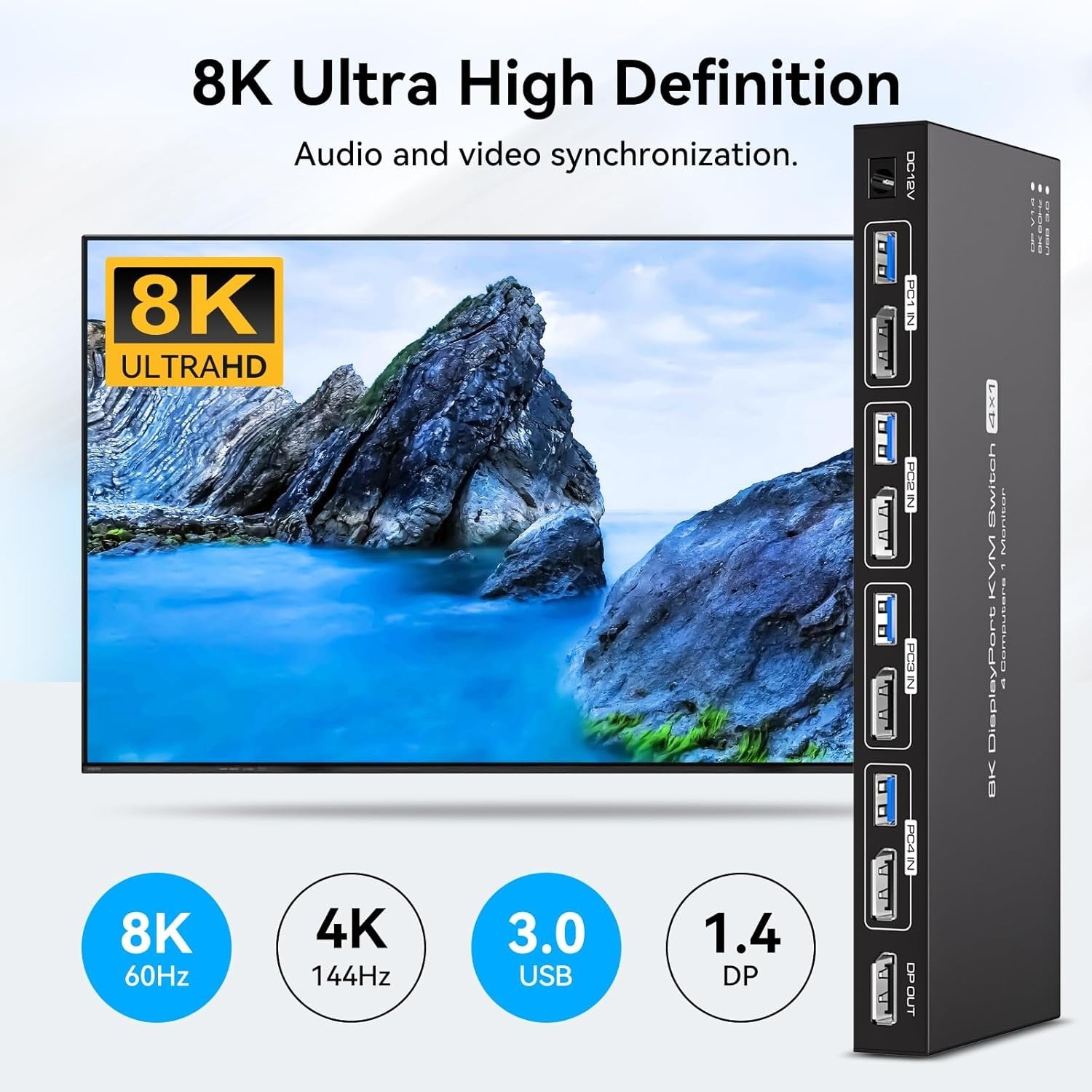 NÖRDIC KVM-kytkin 4–1 DP 8K60Hz 4K144Hz 4xUSB 3.0
