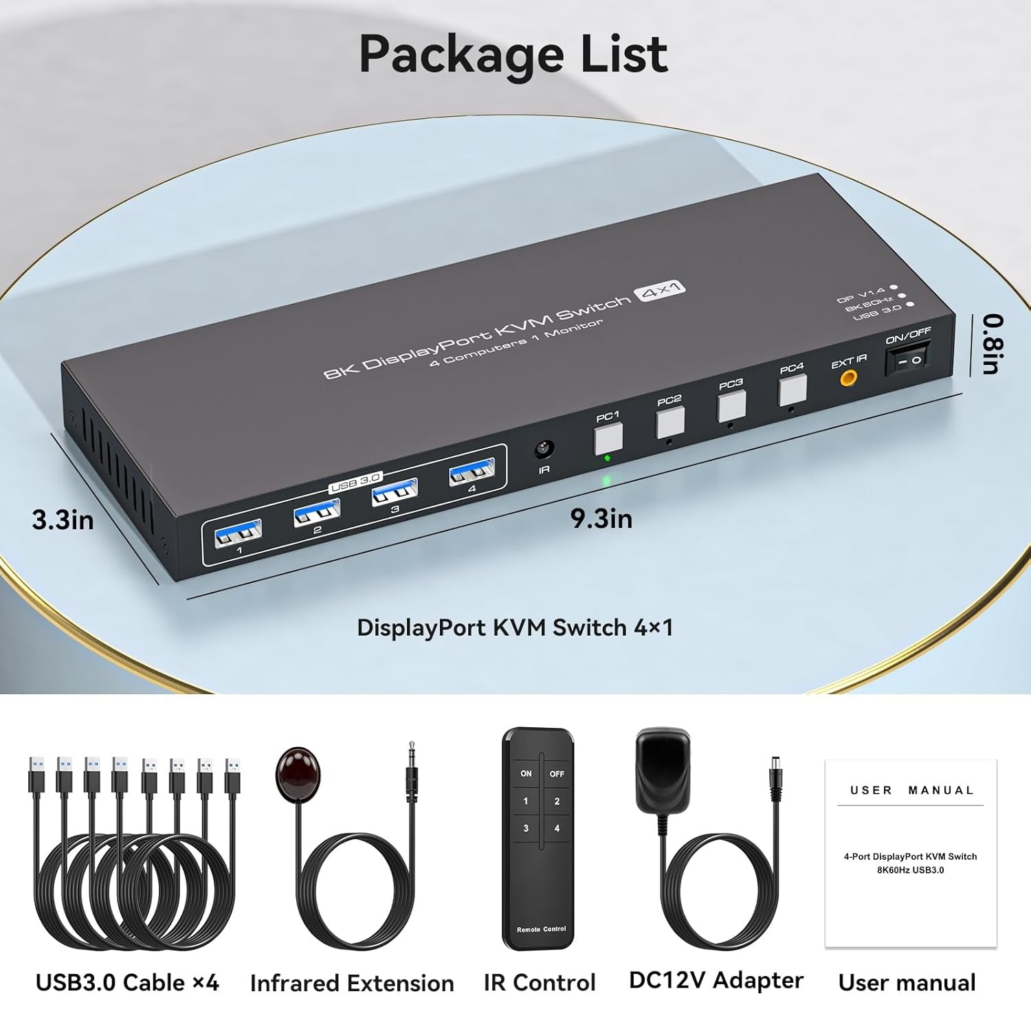 NÖRDIC KVM-kytkin 4–1 DP 8K60Hz 4K144Hz 4xUSB 3.0