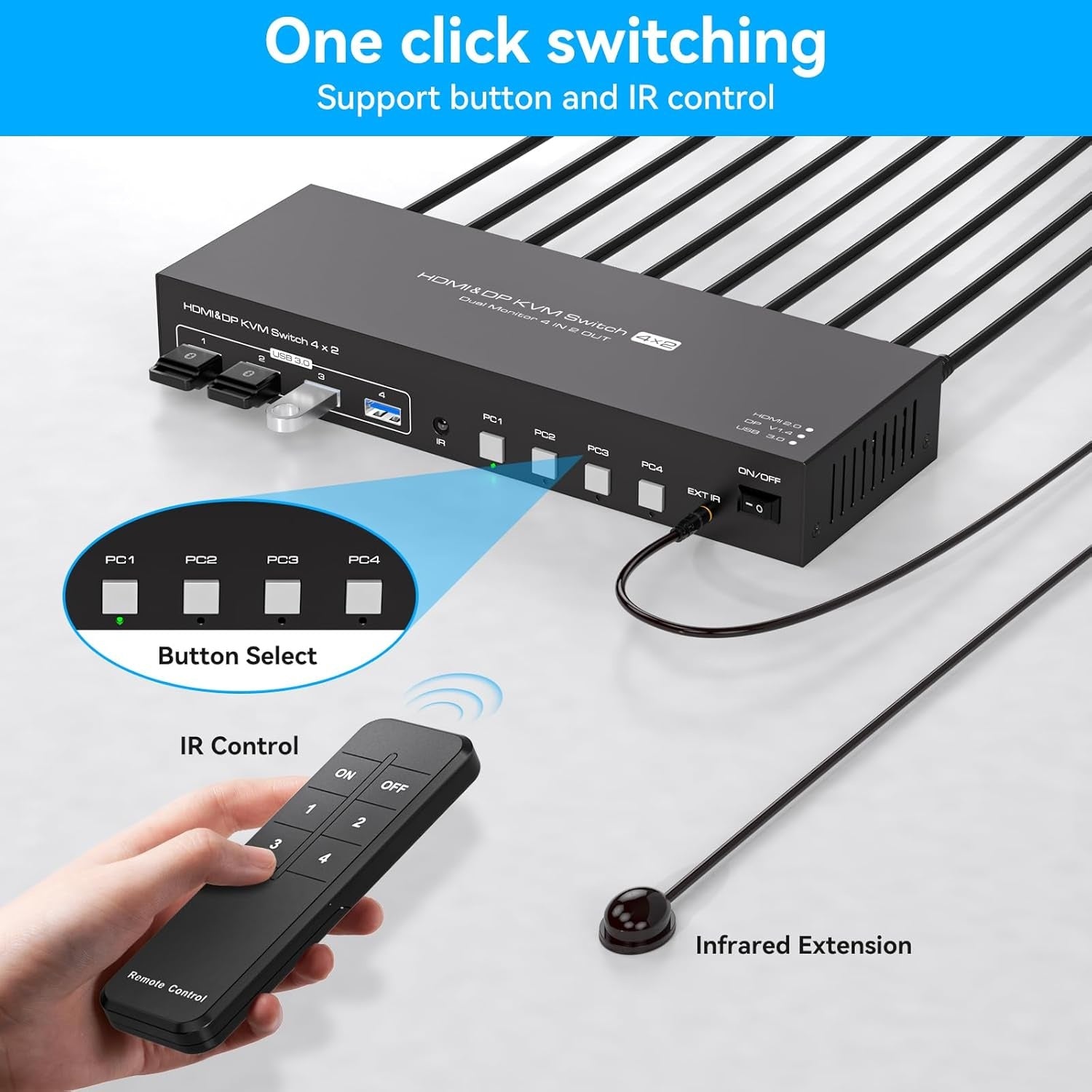 NÖRDIC KVM-kytkin 4–2 DP + HDMI 4K 60Hz USB3.0