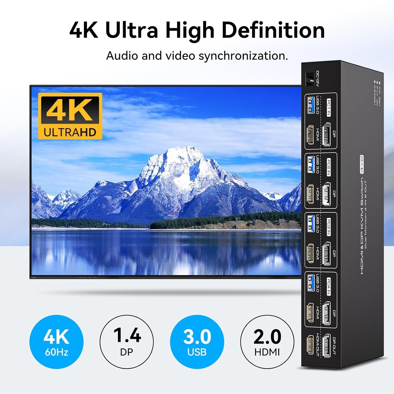 NÖRDIC KVM-kytkin 4–2 DP + HDMI 4K 60Hz USB3.0
