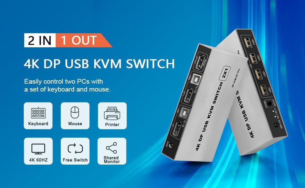 NÖRDIC KVM-kytkin 2, PC 1x DisplayPort 1.2 4K 60Hz ja 4x USB-portti HDCP 2.2