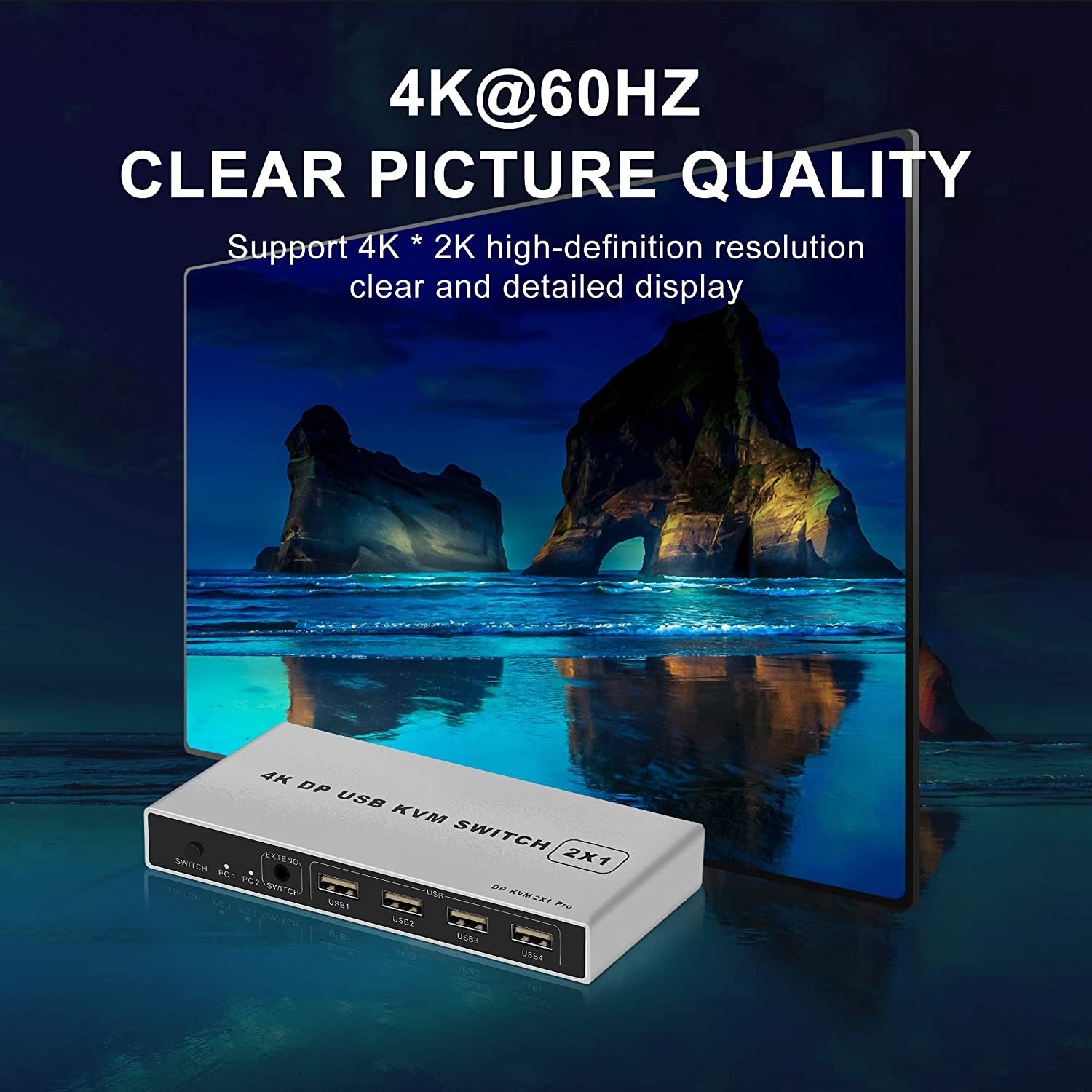 NÖRDIC KVM-kytkin 2, PC 1x DisplayPort 1.2 4K 60Hz ja 4x USB-portti HDCP 2.2