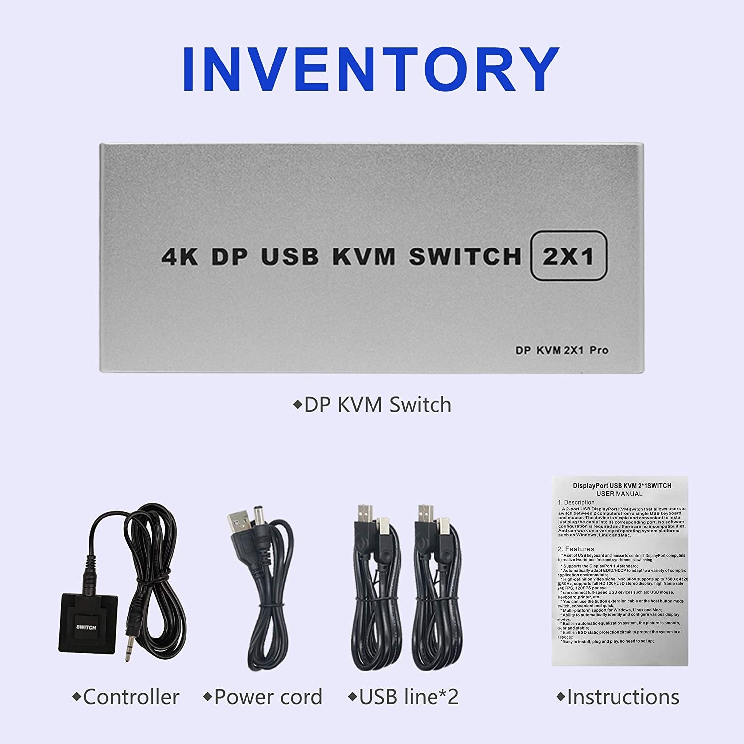 NÖRDIC KVM-kytkin 2, PC 1x DisplayPort 1.2 4K 60Hz ja 4x USB-portti HDCP 2.2