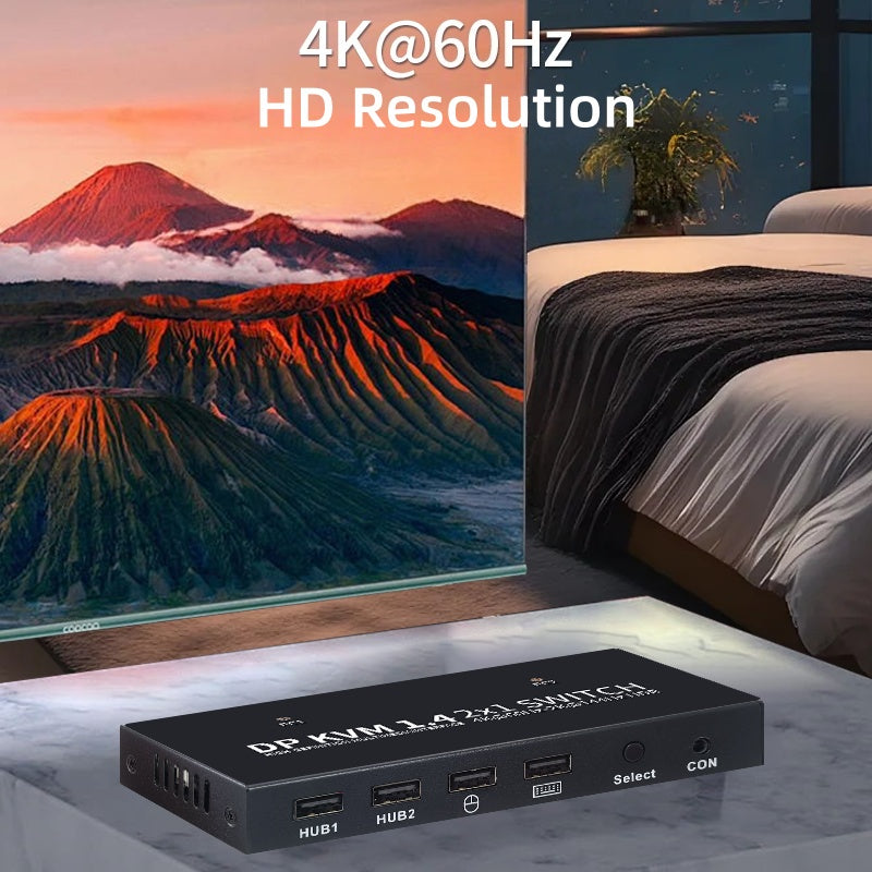 NÖRDIC KVM-kytkin 2, PC 1x DisplayPort 1.2 4K 60Hz ja 4x USB-portti HDCP 2.2
