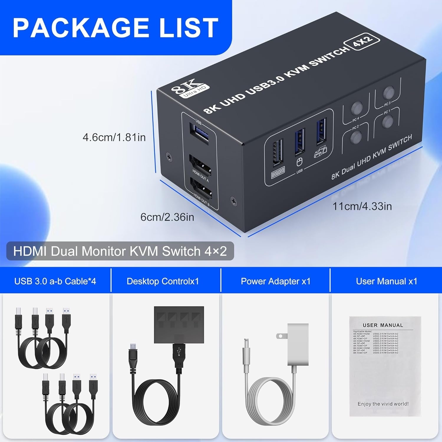 NÖRDIC KVM-kytkin 4-2 HDMI 2.1 8K@60Hz 4K@120Hz 4xUSB-A