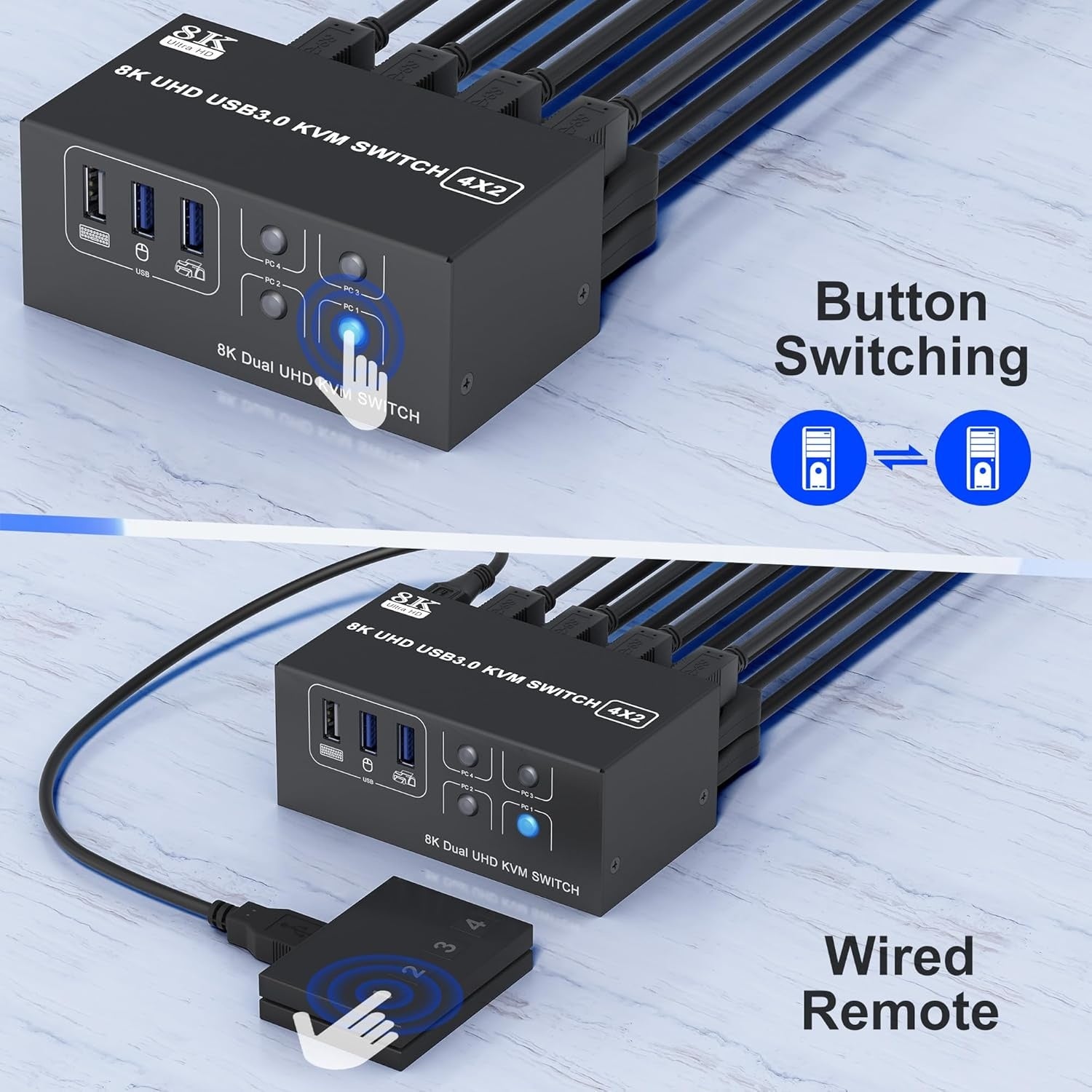 NÖRDIC KVM-kytkin 4-2 HDMI 2.1 8K@60Hz 4K@120Hz 4xUSB-A