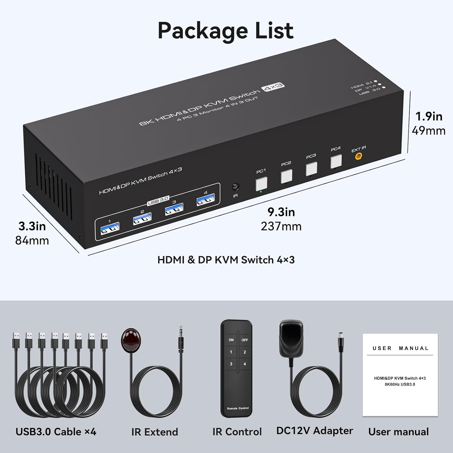 NÖRDIC KVM-kytkin 4–3, 4xUSB3.0 2xDP 1xHDMI 8K30Hz langattomalla ohjauksella