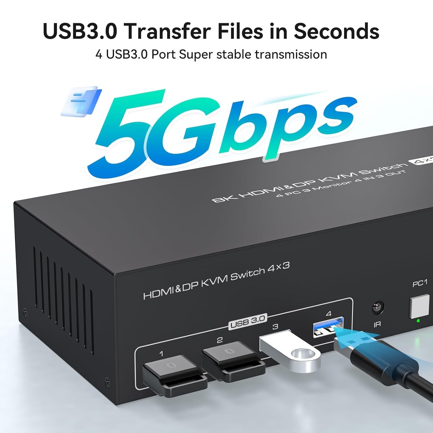 NÖRDIC KVM-kytkin 4–3, 4xUSB3.0 2xDP 1xHDMI 8K30Hz langattomalla ohjauksella