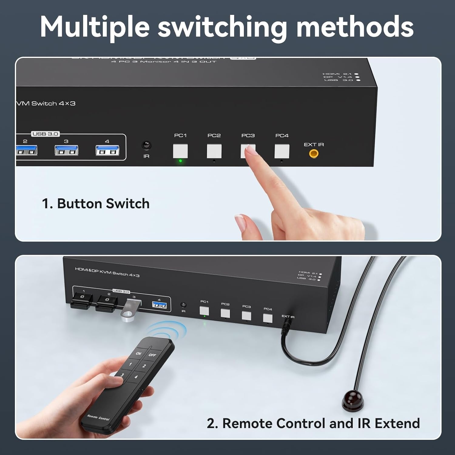 NÖRDIC KVM-kytkin 4–3, 4xUSB3.0 2xDP 1xHDMI 8K30Hz langattomalla ohjauksella